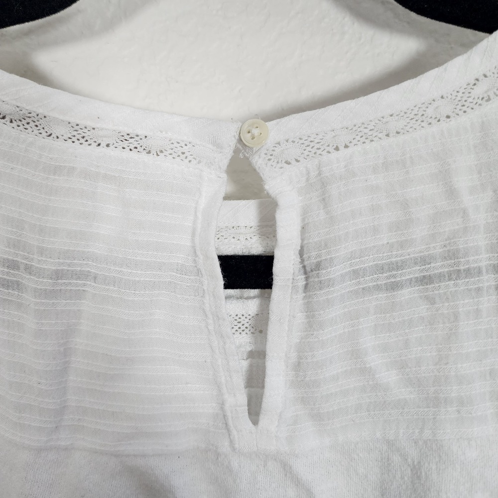 LOFT white cotton short-sleeve top crochet lace panels and puff sleeve M Petite - Picture 7 of 10